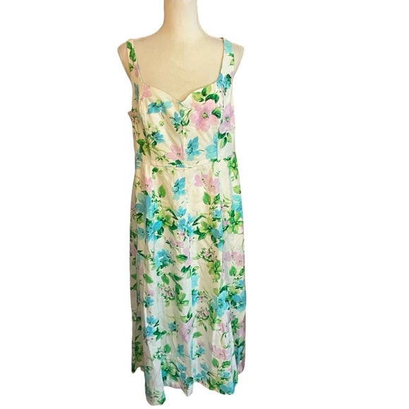 Old Navy floral midi dress linen size Large straps flower print white blue green - Picture 2 of 14